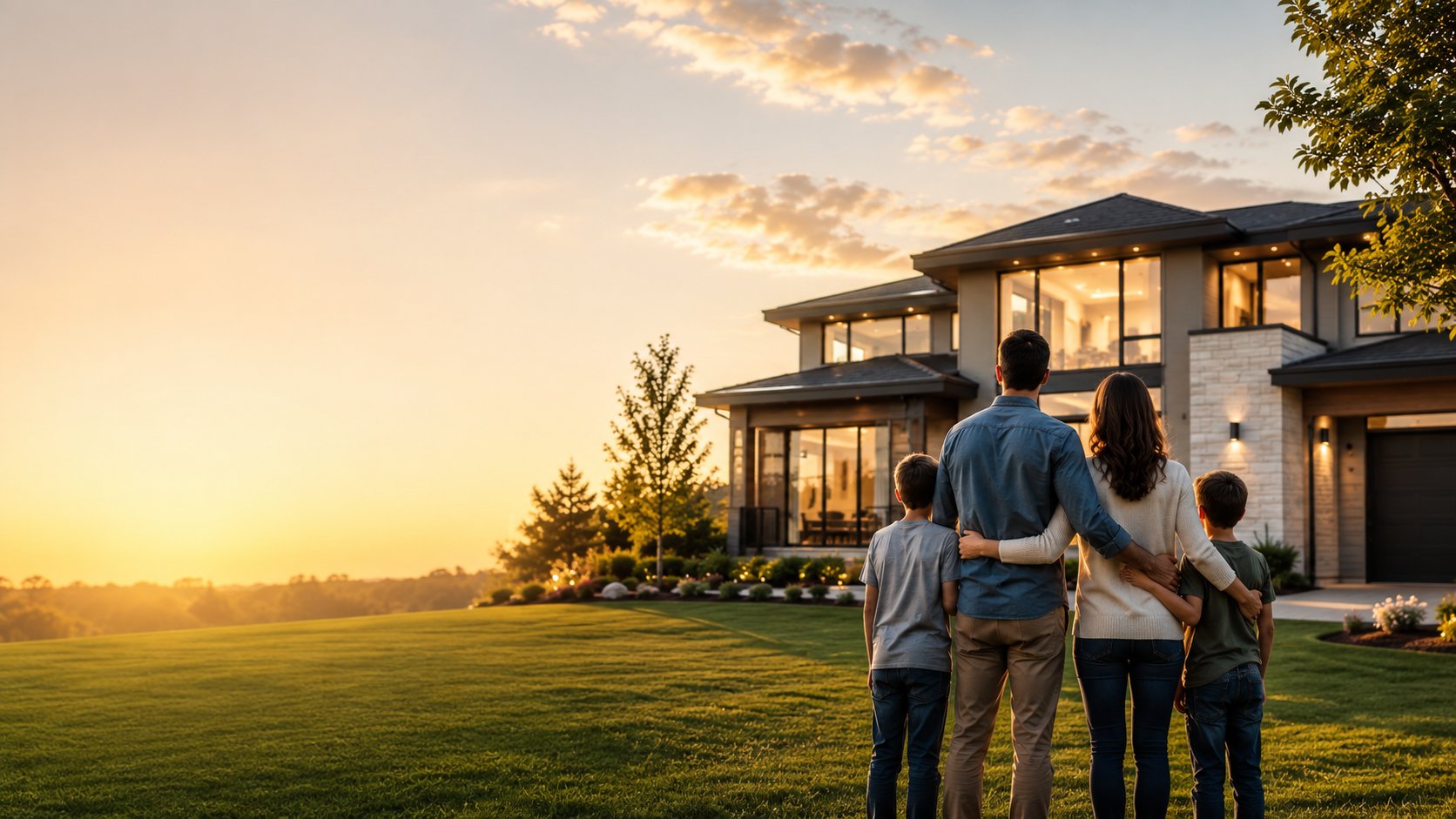 Family standing together looking at their home at sunset